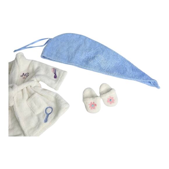 American Girl Doll Spa Robe Slippers Head Towel Set Terrycloth White Blue Pajama - Picture 6 of 9